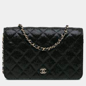 Pre Owned Chanel Black Quilted Crackled Patent Calfskin Pearl Wallet On Chain