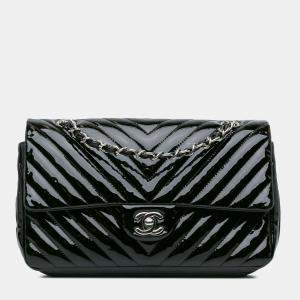 Pre Owned Chanel Black Medium Classic Chevron Patent Double Flap