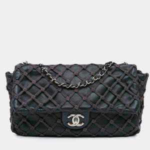 Pre Owned Chanel Black Jumbo Calfskin Canebiers Net Flap