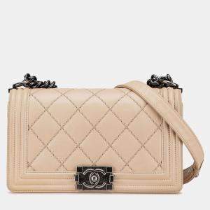 Pre Owned Chanel Beige Old Medium Aged Calfskin Double Stitch Boy Flap
