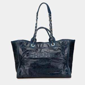 Pre Owned Chanel Navy Blue Medium Glazed Calfskin and Caviar Deauville Tote