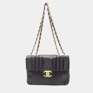 Pre Owned Chanel Mademoiselle Deca Matelasse Black Lambskin Shoulder Bag  