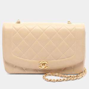 Pre Owned Chanel Matelasse Diana Beige Lambskin Leather Flap Shoulder Bag