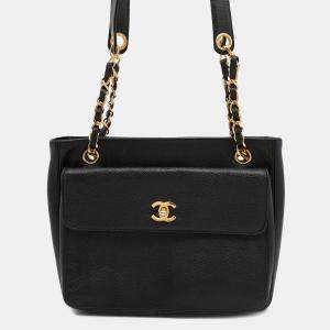 Pre Owned Chanel Chain Tote Bag With Coco Mark And Caviar Skin  Black