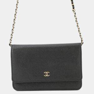 Pre Owned Chanel Chain Wallet Camellia Coco Mark Caviar Skin Black