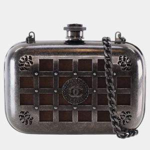 Pre Owned Chanel Grey Paris Edinburgh Mini Gunmetal Grid Cage Clutch on Chain