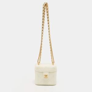 Pre Owned Chanel Off White Quilted Leather Vanity Clutch with Chain