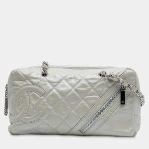 Pre Owned Chanel White Quilted Aged Calfskin Cotton Club Bowler Bag