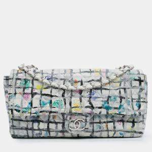 Pre Owned Chanel White Medium Calfskin Hand Painted Graffiti Flap
