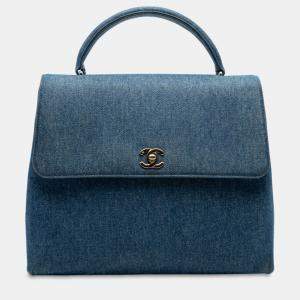 Pre Owned Chanel Blue CC Denim Kelly Top Handle Bag