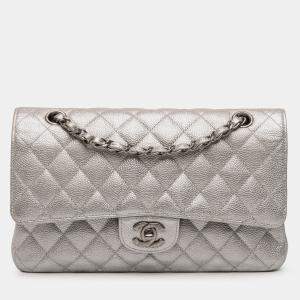 Pre Owned Chanel Silver Medium Classic Iridescent Caviar Double Flap