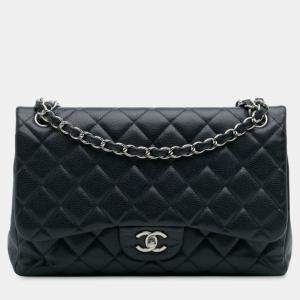 Pre Owned Chanel Navy Blue Jumbo Classic Caviar Double Flap