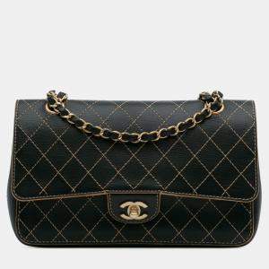 Pre Owned Chanel Black Medium Classic Calfskin Wild Stitch Double Flap