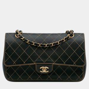 Pre Owned Chanel Black Medium Classic Calfskin Wild Stitch Double Flap