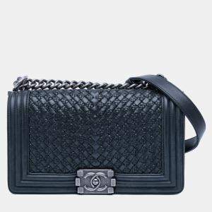 Pre Owned Chanel Blue Old Medium Braided Calfskin Boy Flap