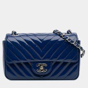 Pre Owned Chanel Blue Mini Rectangular Classic Chevron Patent Single Flap
