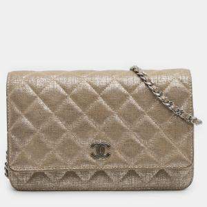 Pre Owned Chanel Gold CC Quilted Iridescent Calfskin Wallet on Chain