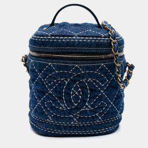 Pre Owned Chanel CC Quilted Denim Trip Vanity Case with Chain
