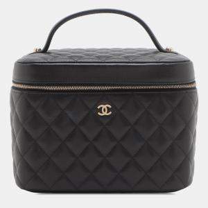 Pre Owned Chanel Black Medium CC Quilted  Caviar Vanity Case