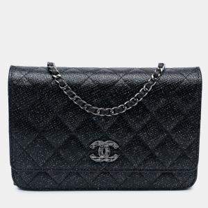 Pre Owned Chanel Black CC Quilted Glittered Calfskin Wallet On Chain