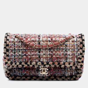 Pre Owned Chanel Brown Medium Classic Tweed Braided Double Flap