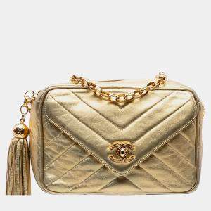 Pre Owned Chanel Gold Chevron Metallic Lambskin Tassel Chain Camera Bag