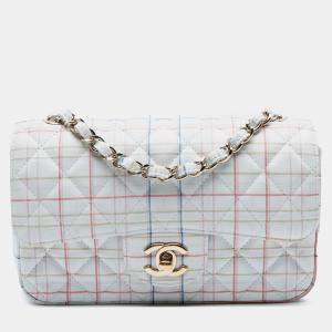 Pre Owned Chanel White Mini Rectangular Classic Printed Calfskin Single Flap