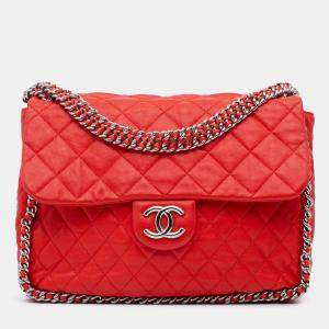 Pre Owned Chanel Red Maxi Washed Lambskin Chain Around Flap