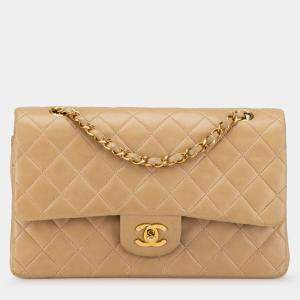 Pre Owned Chanel Beige Medium Classic Lambskin Double Flap