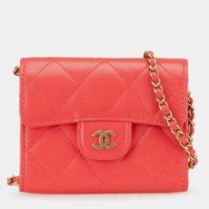 Pre Owned Chanel Red Quilted Lambskin Flap Card Holder on Chain