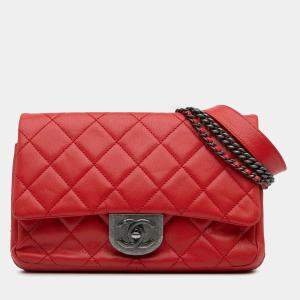 Pre Owned Chanel Red Small Quilted Goatskin Double Carry Waist Chain Flap