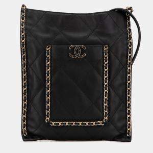 Pre Owned Chanel Black Quilted Calfskin Chain Flat Shoulder Bag