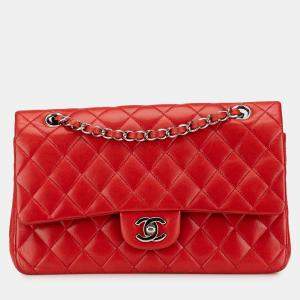 Pre Owned Chanel Red Medium Classic Lambskin Double Flap