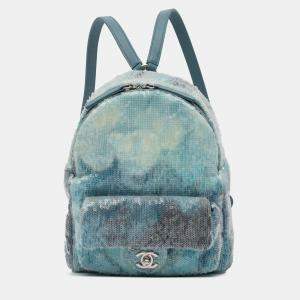 Pre Owned Chanel Blue Mini Sequins and Lambskin Waterfall Backpack