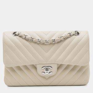 Pre Owned Chanel White Small Classic Chevron Lambskin Double Flap