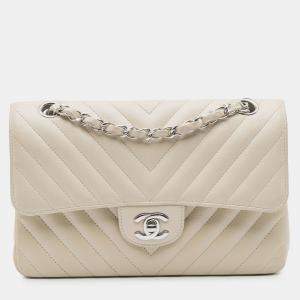 Pre Owned Chanel White Small Classic Chevron Lambskin Double Flap