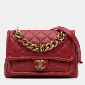 Pre Owned Chanel Red Small Quilted Lambskin Chain Link Flap