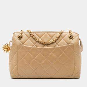 Pre Owned Chanel Beige Quilted Lambskin Sun Charm Chain Crossbody