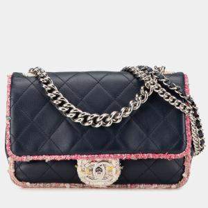 Pre Owned Chanel Blue Quilted Lambskin and Tweed Elegant Trim Flap