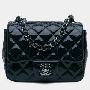 Pre Owned Chanel Blue Mini Square Classic Patent Single Flap