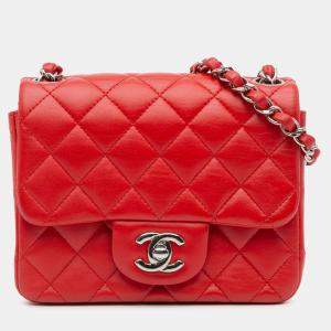 Pre Owned Chanel Red Mini Square Classic Lambskin Flap