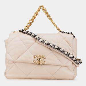Pre Owned Chanel Cream Large Lambskin 19 Flap