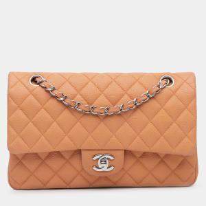 Pre Owned Chanel Orange Medium Classic Caviar Double Flap