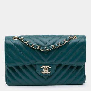 Pre Owned Chanel Blue Small Classic Chevron Caviar Double Flap