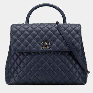 Pre Owned Chanel Navy Blue Large Caviar Coco Top Handle Bag