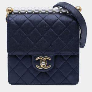 Pre Owned Chanel Navy Blue Small Lambskin Chic Pearls Flap