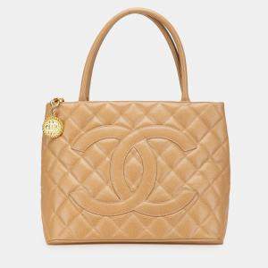 Pre Owned Chanel Beige Brown Caviar Medallion Tote