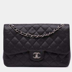 Pre Owned Chanel Black Jumbo Classic Caviar Double Flap