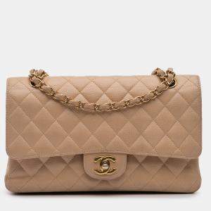 Pre Owned Chanel Beige Medium Classic Caviar Double Flap
