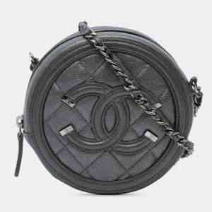 Pre Owned Chanel Black Metallic Caviar CC Filigree Round Clutch with Chain